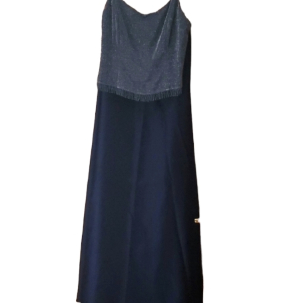 Bari Jay Womans Beaded‎ 2 Piece Metallic Silver Fringe Navy Formal Dress